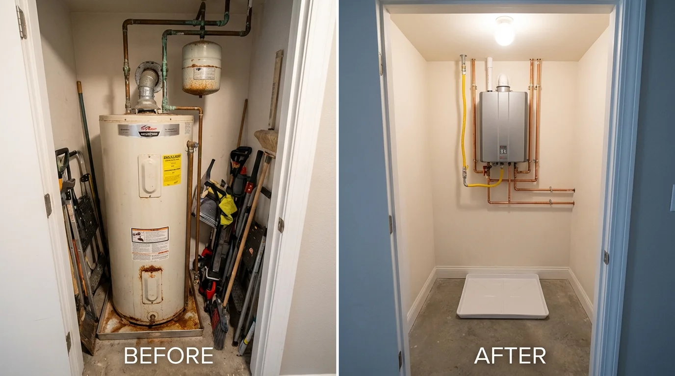 Tank water heater versus wall-mounted tankless unit comparison for Grandview, MO homeowners