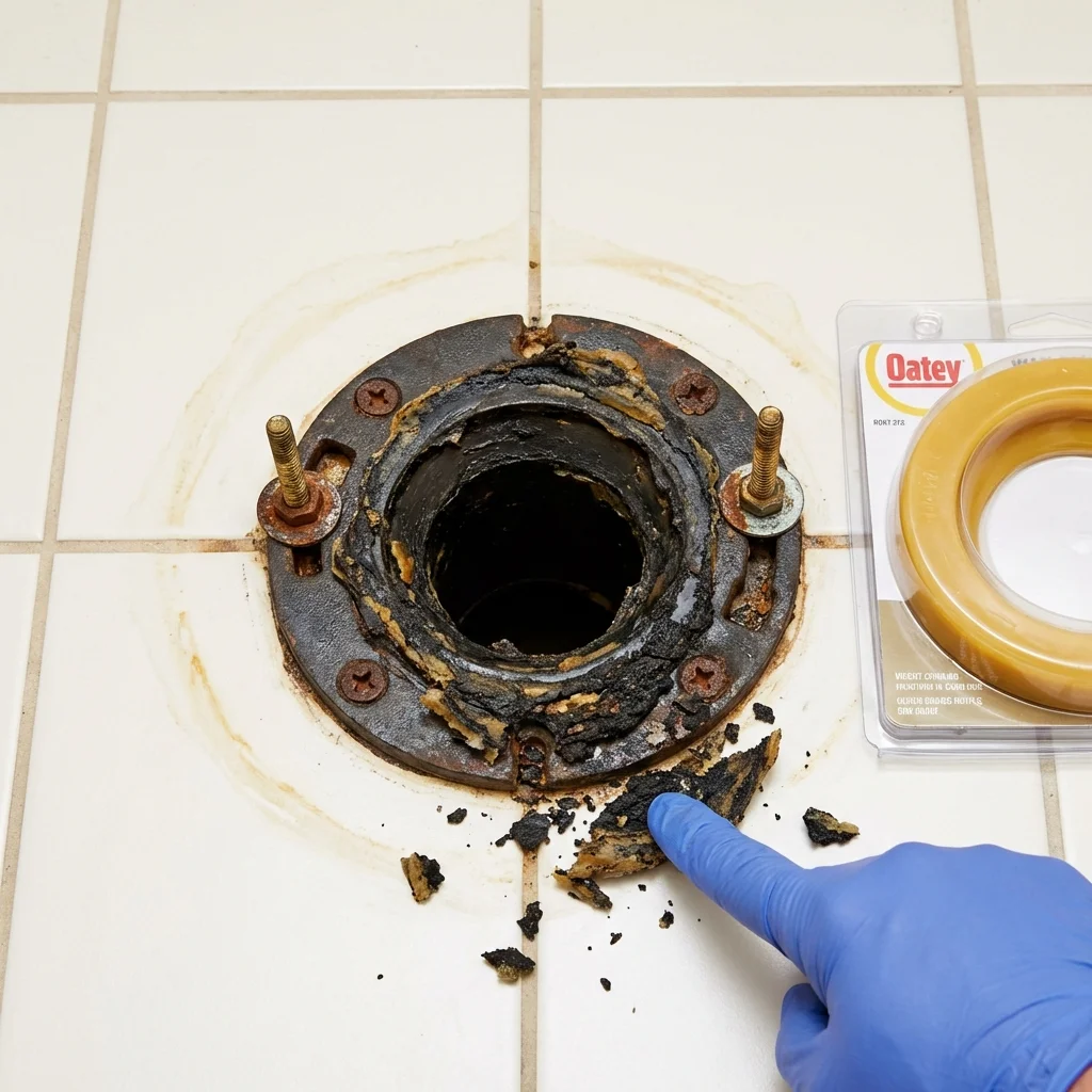 Failed wax ring showing water seepage at the base of a toilet in a Grandview, MO home