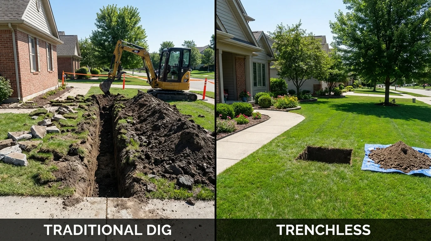 Trenchless sewer repair with minimal yard damage versus traditional excavation in Grandview, MO